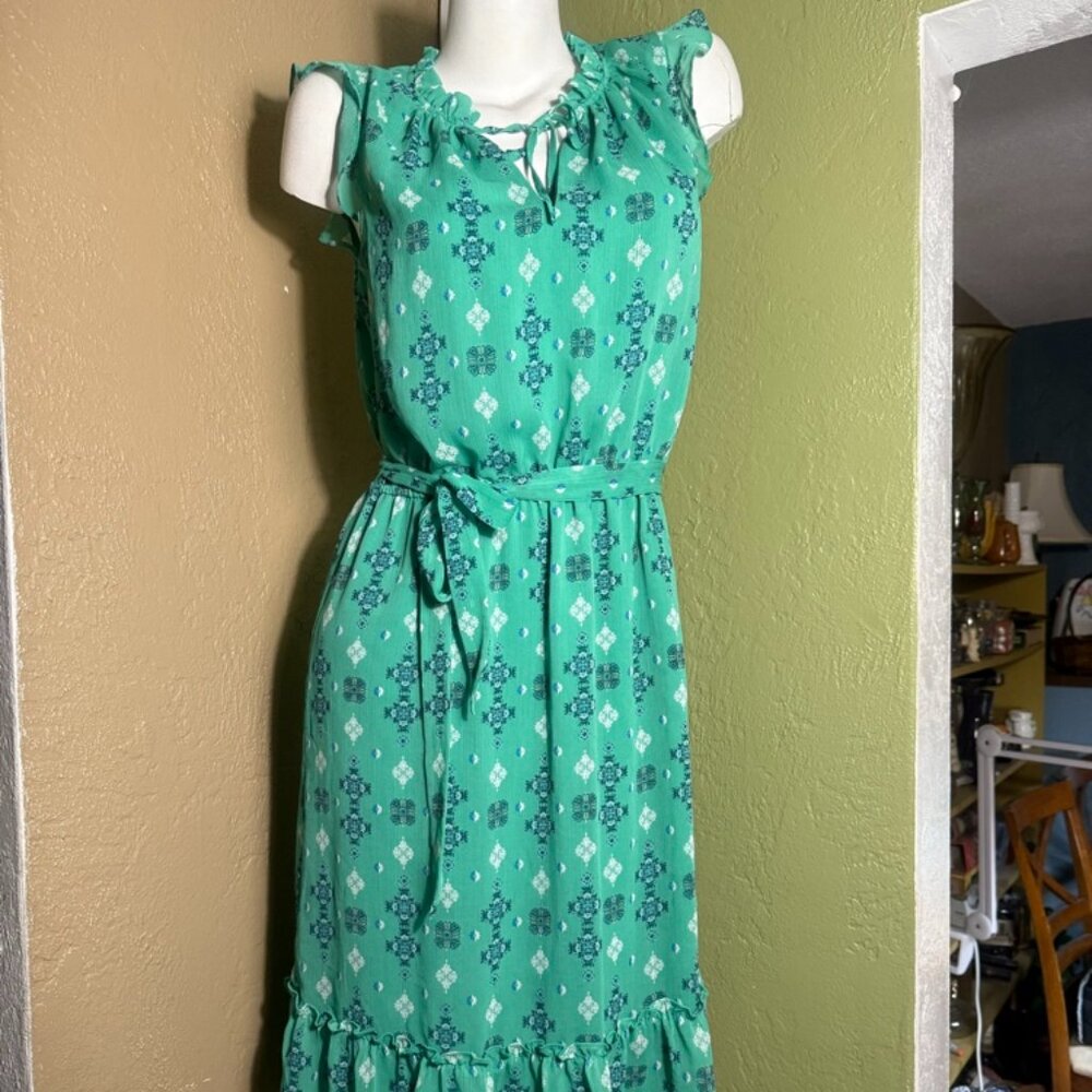Ann Taylor Factory Green Tile Print Ruffle Neck Midi Dress M